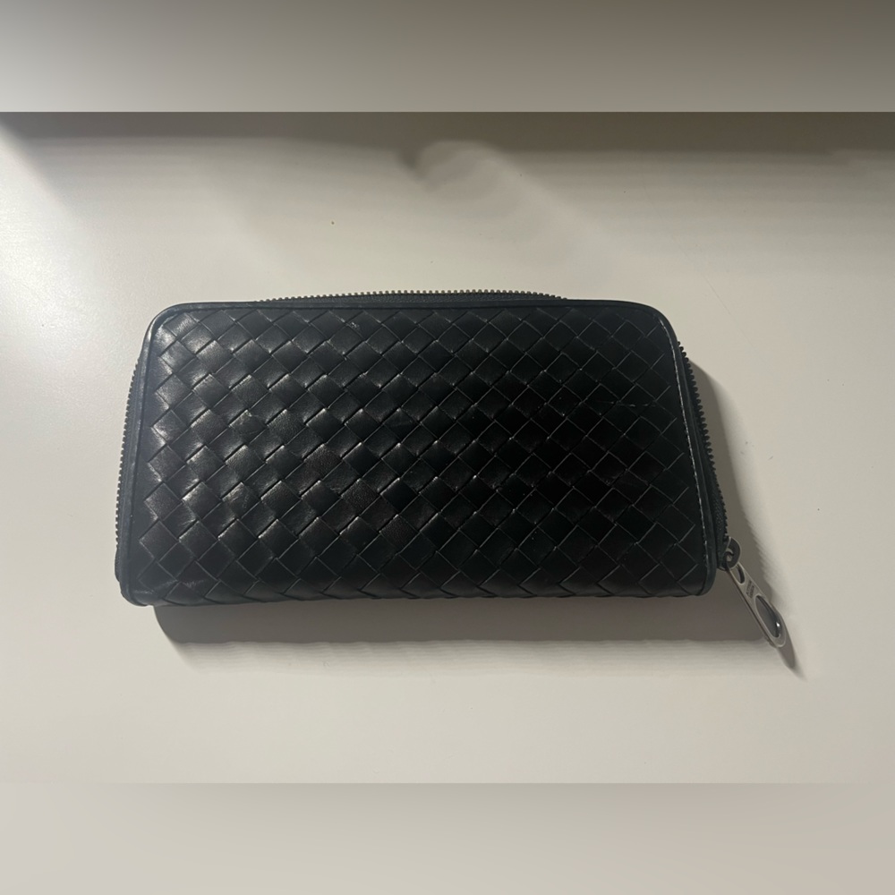 Bottega Veneta Vintage Round Zipper Intrecciato Wallet Unisex Black Leat…